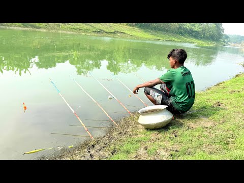 Fishing Videos || The Village Boy Catching Fish By Bamboo Tools Hook In The Village River