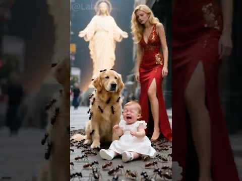 The baby is surrounded by ants, and the puppy and Jesus come.