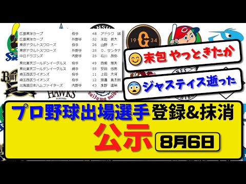 【公示】プロ野球 出場選手登録＆抹消 公示8月6日発表｜楽天吉川 ハム田中ら抹消|広島末包 ヤク山野サンタナ 中日石川 楽天西垣安田 西武上田 ハム水野ら登録【最新・まとめ・反応集・なんJ・2ch】