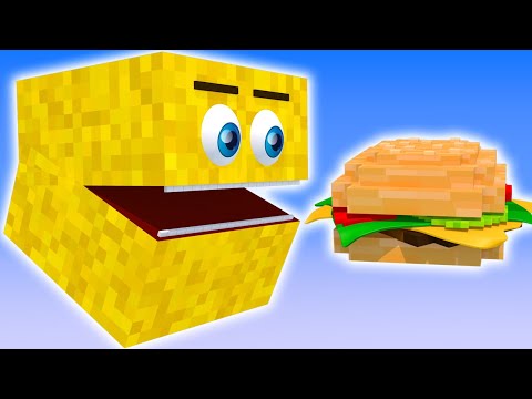 Pacman in Minecraft finds Golden Apple and Burger, Meets Pig and Dog