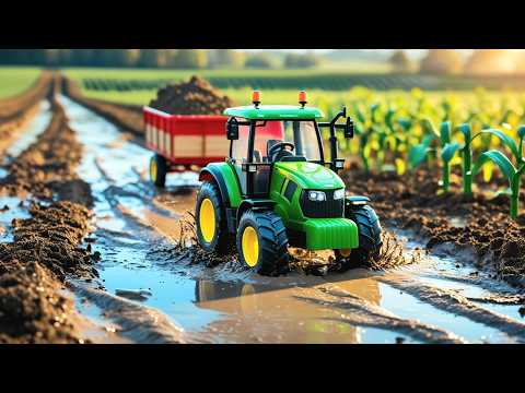 TRACTOR PULLING TRUCK THROUGH THE MUD, FARM