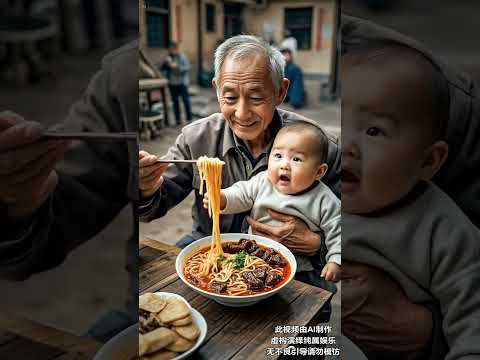 Grandpa, cute little baby, grandpa's noodles made the baby greedy