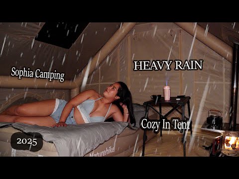 Camping In The Rain - RELAXING SATISFYING - Overnight In COZY TENT - nature sounds
