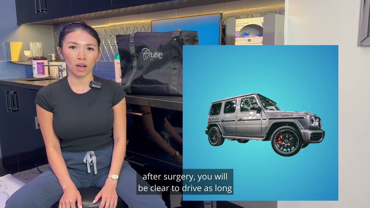 Woman discussing post-surgery driving with car illustration.
