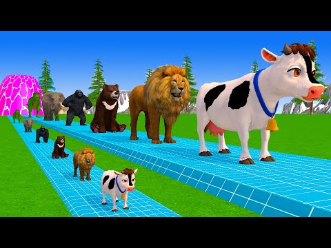 Paint & Animals Cow,Elephant,Lion,Tiger,Gorilla,Dinosaur, Fountain Crossing Transformation Cartoon