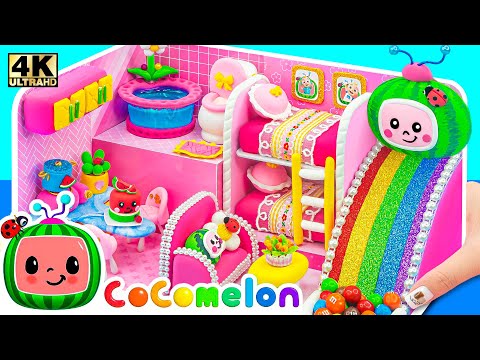 DIY Build Cute Pink CoComelon Miniature House with Rainbow Slide, Bunk Bed from Clay Polyme