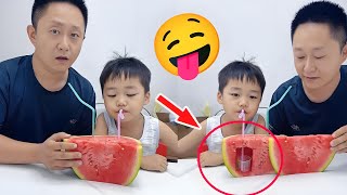 儿子要喝西瓜汁，还是爸爸有办法，这操作还得是他！【呆萌小米宝】【呆萌小米宝】