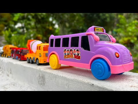 Satisfying Toy School Bus, Ambulance, Construction Truck, City Bus Hand Driving On Boundary Wall