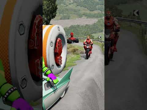 Weird Cars & Motorcycles Going to Push by GIANT Foot Iron Man Bollard in BeamNG.drive