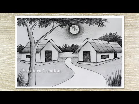 Village Moonlight Night Scenery Drawing by Pencil, Pencil Drawing for Beginners