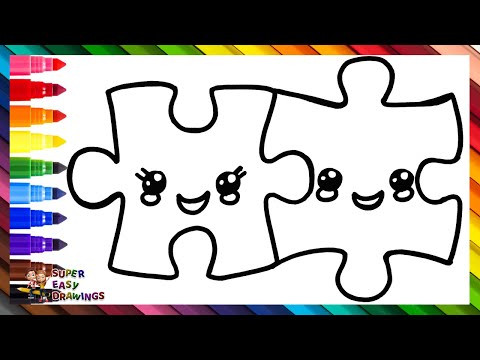 Draw and Color 2 Cute Puzzle Pieces 🧩❤️🧩🌈 Drawings for Kids