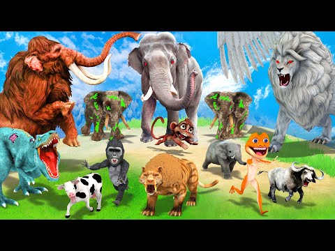 Giant Elephant Cow Gorilla vs Giant Lion Tiger vs Dinosaur Attack Cow Cartoon Buffalo Save  Mammoth