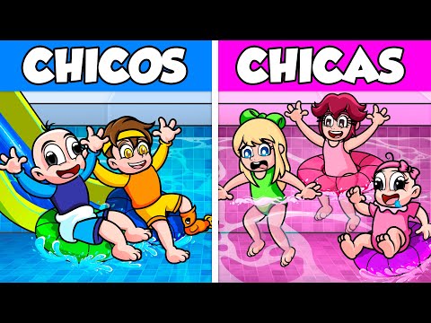 CHICOS vs CHICAS en PARQUE ACUÁTICO de Minecraft 🏖️💦😱 BEBÉ NOOB en MINECRAFT