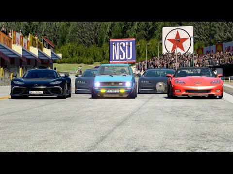 Drag Factory VW Golf MK1vs Chevrolet Corvette ZR1 vs Bugatti Chiron vs Mercedes Benz AMG One at Old