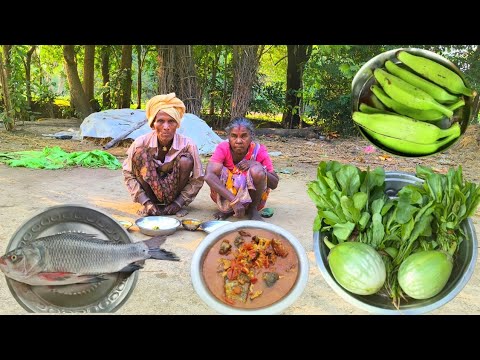 rural grandma cooking FISH with RAW BANANA curry and eating || BRINJAL with SPINACH curry cooking