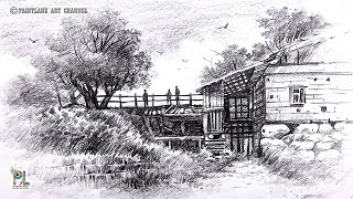 How to draw Old Wooden Mill and Bridge in Landscape Art with Pencil