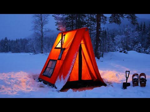 Hot Tent Winter Camping and Ice Fishing on a Mountain Lake in DEEP SNOW!