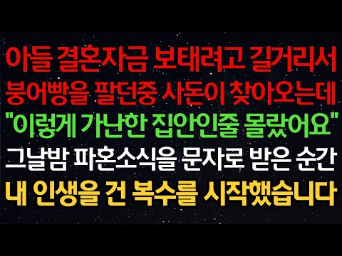 실화사연- 아들 결혼자금 보태려고 길거리서붕어빵을 팔던중 사돈이 찾아오는데"이렇게 가난한 집안인줄 몰랐어요"그날밤 파혼소식을 문자로 받은 순간내 인생을 건 복수를 시작했습니다