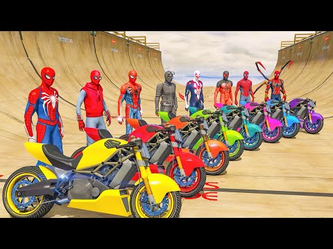 GTA 5 team spiderman moto bike race mega ramp hard challenge