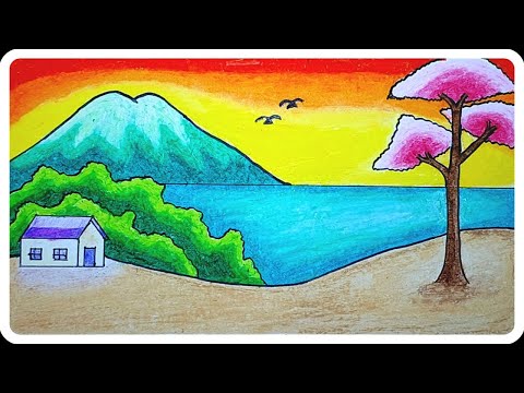 Menggambar Pemandangan | Cara Mudah Menggambar Pemandangan Gunung dan Danau Dengan Oil Pastels