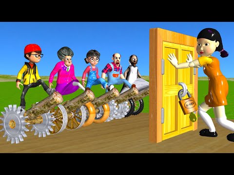 Scary Teacher 3D vs Squid Game Wooden Rolling Wheel Unlock Door 5 Times Challenge