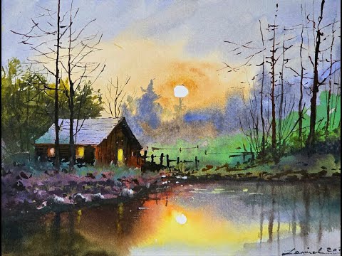 Watercolour Painting Tutorial : Sunset Cabin by the Lake