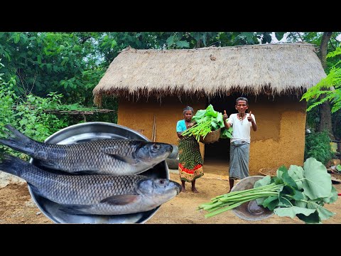 RAINY SEASON rural old grandma & grandpa collection KACHU SHAK and cooking with FISH || village life