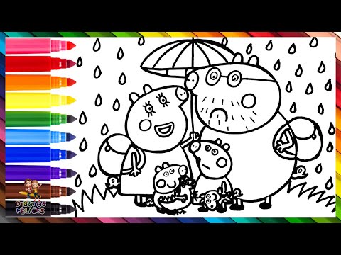 Dibuja y Colorea A Peppa Pig Y A Su Familia Bajo La Lluvia 🐷☔🎒🌈 Dibujos Para Niños