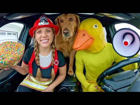 Rubber Ducky Surprises Firefighter & Puppy with Car Ride Chase!