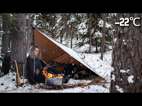 24hr VERY COLD SOLO WINTER Camp Below -20°c, Wind Storm, Oilskin Tarp, Wool Blanket