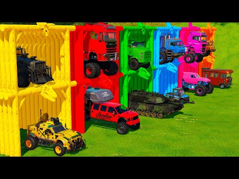 TRANSPORTING OFF-ROAD VEHICLES, CAMPER TRUCKS, POLICE CAR & MONSTER TRUCK WITH BIG HEAVY TRUCKS!