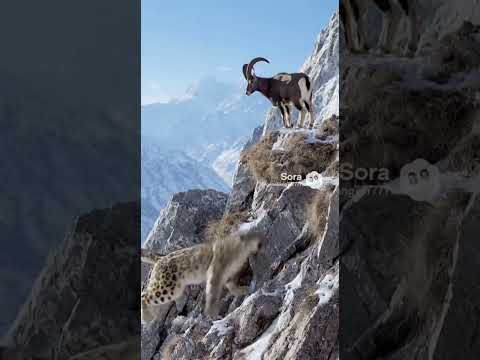 Snow Leopard's Epic Fail: Kicked Off Cliff by Furious Ibex! #SnowLeopard #Ibex #WildlifeAttack