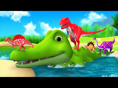 Crocodile Rescue Long Neck Dinosaur and T-Rex to Cross the River as Bridge in Funny Jungle Adventure