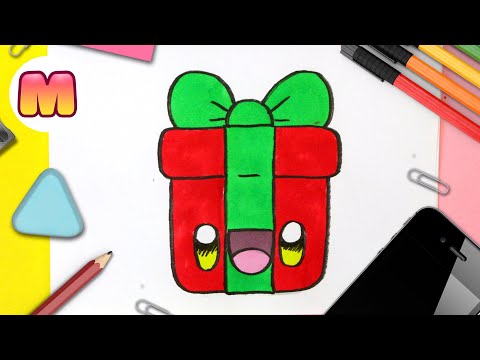 COMO DIBUJAR UN REGALO DE NAVIDAD KAWAII ❤️ Dibujos kawaii faciles - Dibujos de Navidad