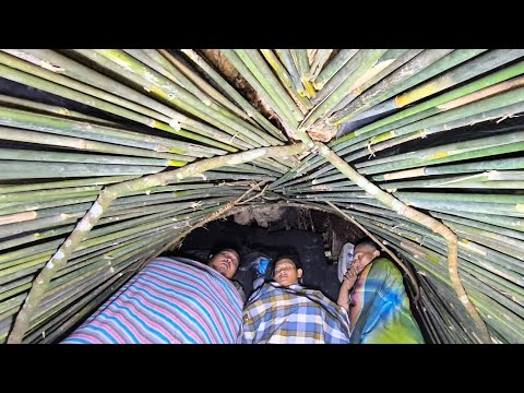 camping hujan deras,, membangun pondok bambu di bawah pohon besar yang tumbang