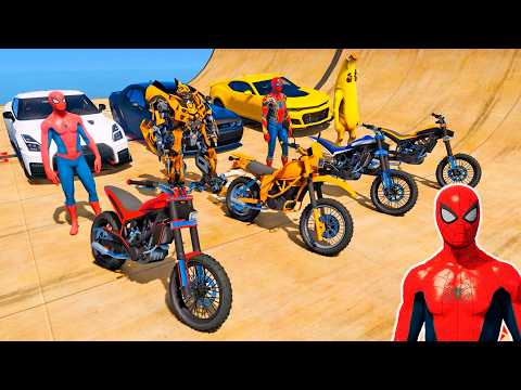 HOMEM ARANHA E SUPER HEROIS DESAFIO DE CARROS E MOTOS vs TUBARÃO - MOTOS COM SPIDERMAN - GTA V