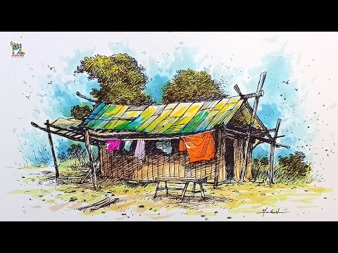 How to draw Hut with pen and Brush sketch pens