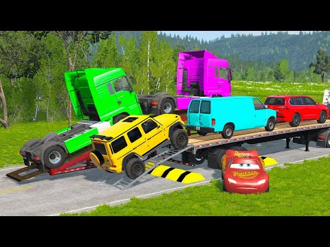 Double Flatbed Trailer Truck vs Speedbumps Train vs Cars | Tractor vs Train Beamng.Drive 001