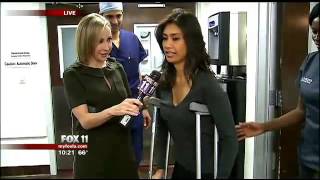 Good Day LA's Maria using crutches after Knee Surgery for Torn Meniscus