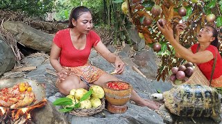 Rescue a Wild turtle, Green mango with Salt chili for lunch, Pick milk fruit & Cooking chicken