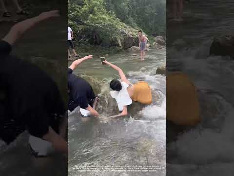 The stones in the small river are slippery.