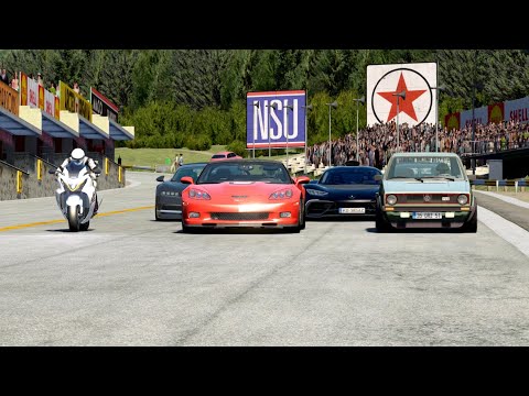 Suzuki Hayabusa vs Drag Factory Chevrolet Corvette ZR1 vs VW Golf MK1 vs Bugatti Chiron vs Mercedes