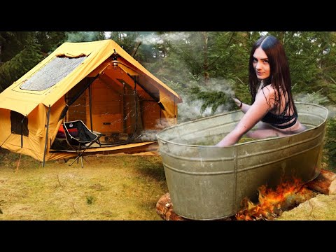 Solo in Hot bath with New inflatable Tent overnight | Cozy countryside camping | Outdoor relax