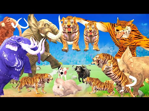 10 Mammoth Elephant Cow vs 10 Giant Tiger Wolf Zombie Attack Baby Mammoth Saved by Woolly Mammoth