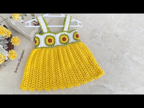 Crochet Baby Dress with Yellow Violet Motif /Tığ işi 2025 Yazlık Motifli Bebek Elbisesi / 1 yaş