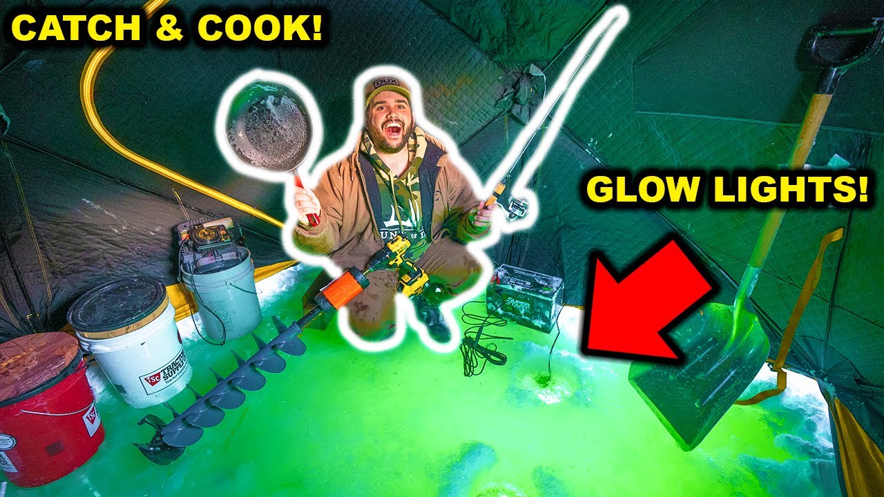 Ice Fishing My BACKYARD POND at NIGHT with GIANT GLOW LIGHTS! (Catch Clean Cook)