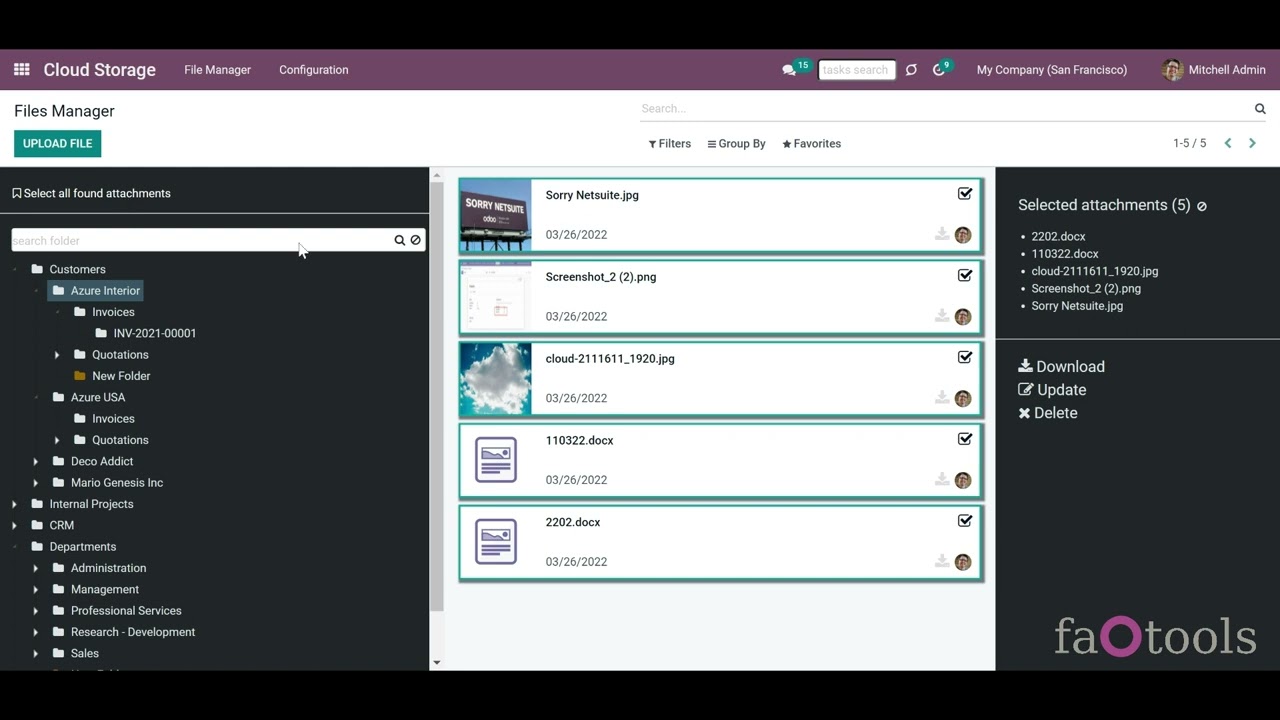 Odoo Cloud Storage Solutions v15 by faOtools overview | 4/20/2022

Find out how to synchronise your cloud storage solution with Odoo with the help of Cloud Storage Solutions. 00:00 – Brief ...