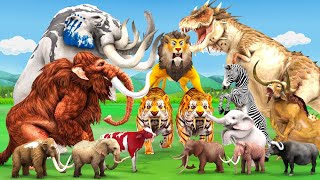 5 Giant Elephant Cow Vs Giant Jurassic World Dinosaurs Vs 5 Giant Lion Tiger Cub Save Woolly Mammoth