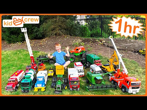 Toy truck compilation. Construction, emergency, and Farm toys for kids with Bruder & Lego | Kid Crew