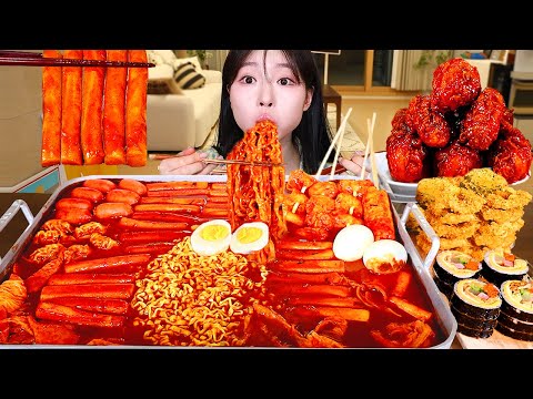 ASMR MUKBANG| 직접 만든 라면 떡볶이 양념치킨 치즈 김밥 먹방 & 레시피 FRIED CHICKEN AND Tteokbokki EATING